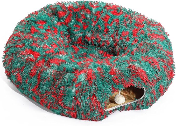 LUCKITTY Christmas Warm Fluffy Plush Cat Dog Tunnel Bed with Washable Cushion- Big Tube Playground Toys 3 FT Diameter Collapsible, for Indoor Cat Kitty Kitten Puppy Rabbit Ferret, Green Red
