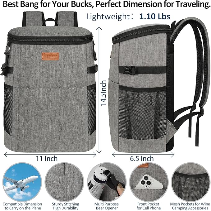 Camping Cooler Backpack 30 Cans, Soft Backpack Coolers Insulated Leak Proof Travel Cooler Bag Waterproof Lunch Picnic Beach Work Trip Thermal Bag Drink Beverage Beer Bag Cooler