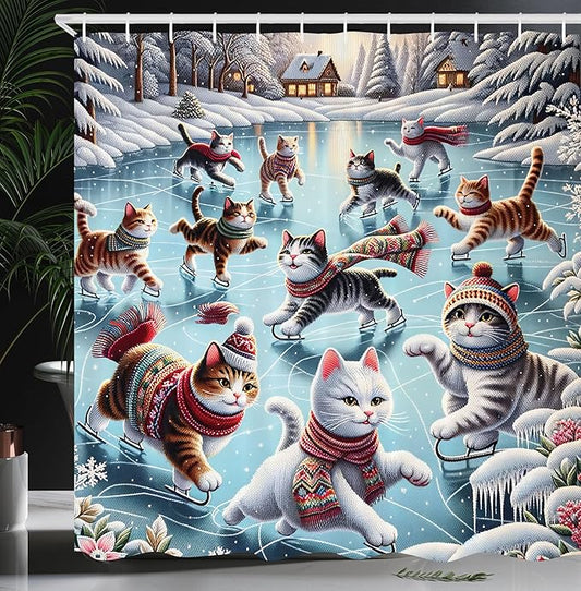 Ambesonne Cat Shower Curtain, Cozy Winter Woodland Scene with Cottages and Ice Skating Kitties Snow Fun, Cloth Fabric Bathroom Decor Set with Hooks, 69" W x 70" L, Soft Blue Burnt Orange