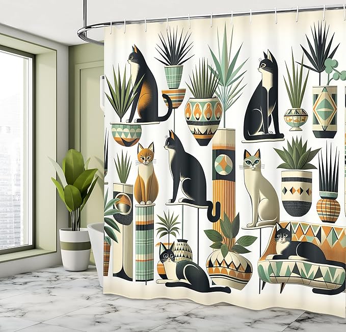 Ambesonne Cat Shower Curtain, Boho Ethnic Style Design with Kitties Sitting and Laying Poses Botanical, Cloth Fabric Bathroom Decor Set with Hooks, 69" W x 75" L, Black Ginger Mint Green