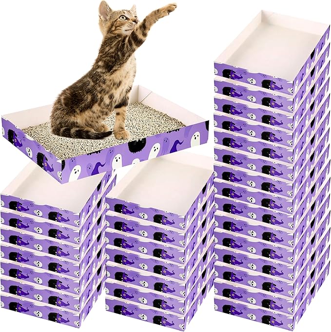 30 Pack Disposable Cat Litter Box, Foldable Paper Litter Box, Travel Cat Litter Box,Non Clumping Durable and Waterproof,Low Entry Easy Disposal,Portable(13.6x9.7x1.9 in)