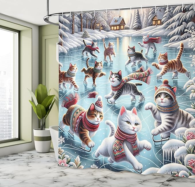Ambesonne Cat Shower Curtain, Cozy Winter Woodland Scene with Cottages and Ice Skating Kitties Snow Fun, Cloth Fabric Bathroom Decor Set with Hooks, 69" W x 75" L, Soft Blue Burnt Orange