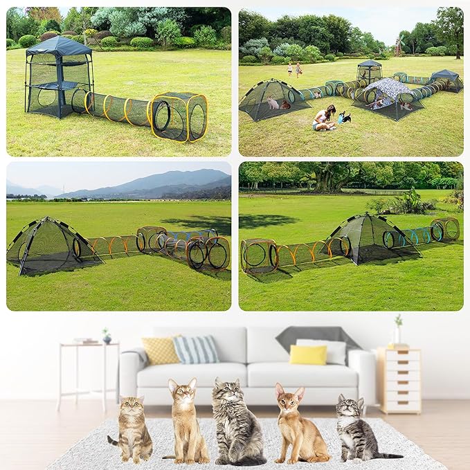 Cat Play Tunnel + Cube(with Three Ways) for Indoor and Outdoor, Cat Play House, Cat Enclosures, Collapsible Cat Cube, Tunnel, Cat Toys Easy to Connect with Cat Tent（2 Cubes + Run Tunnel）