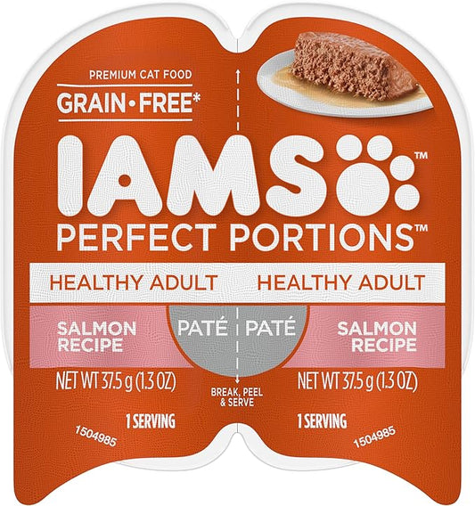 IAMS Perfect Portions Healthy Adult Grain Free Wet Cat Food Paté, Salmon Recipe, 2.6 oz. Easy Peel Twin-Pack Trays (24 Count, 48 Servings)