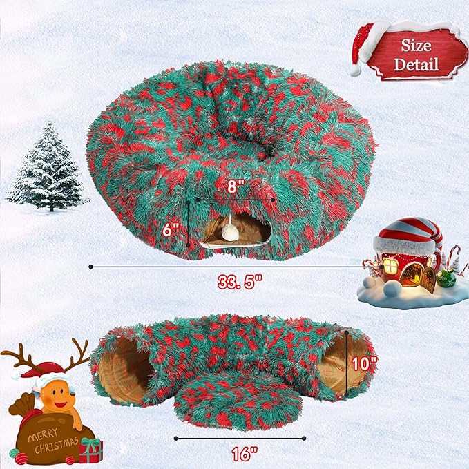 LUCKITTY Christmas Warm Fluffy Plush Cat Dog Tunnel Bed with Washable Cushion- Big Tube Playground Toys 3 FT Diameter Collapsible, for Indoor Cat Kitty Kitten Puppy Rabbit Ferret, Green Red