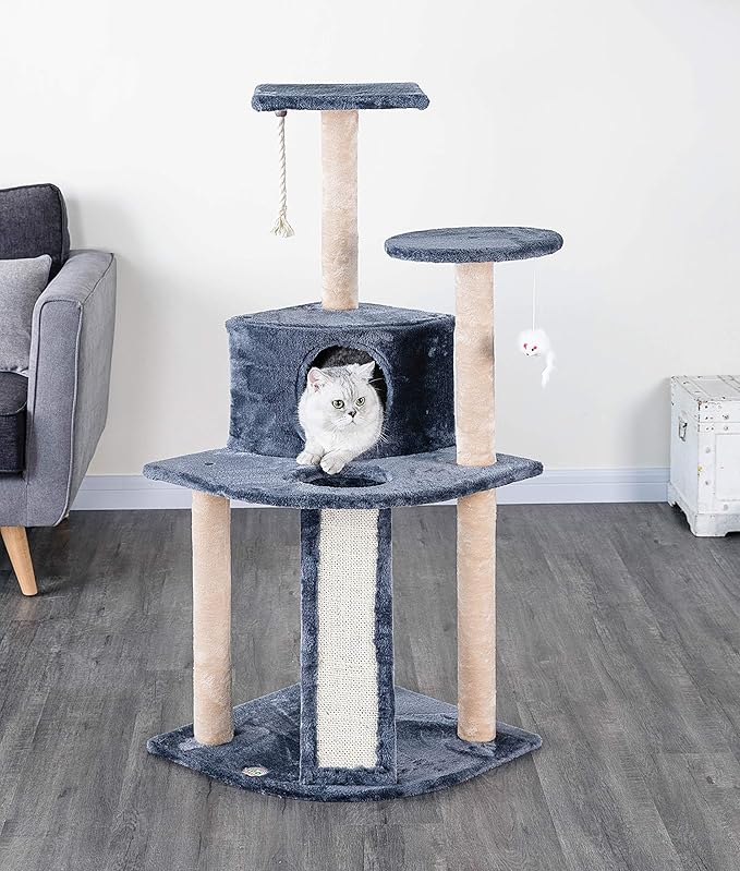Go Pet Club Everyday Value 47in Corner Cat Tree Kitty Condo Kitten Scratcher Tower House Furniture with Hanging Toys for Indoor Cats, Gray/Beige