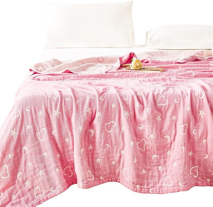 MEJU Love Star Moon Pink Heart Girls Muslin All Season Blanket Decorative for Bed Sofa Couch 100% Cotton 3 Layer Soft Warm Reversible Bedspread Throw Blanket Bed Coverlet Sheet Twin 60 in x 80 in