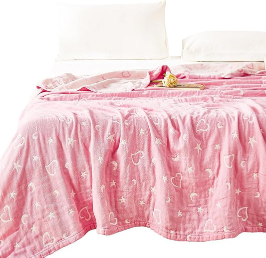 MEJU Pink White Star Moon Heart All Season Reversible Blanket Decorative for Bed Sofa Couch 100% Cotton 3 Layer Soft Warm Bedspread Throw Blanket Bed Coverlet Sheet Full Queen 80 in x 90 in