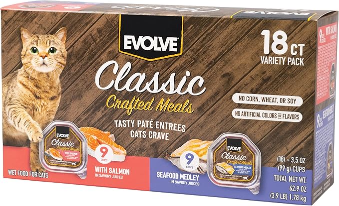 Evolve Classic Crafted Meals Cat Food Variety Pack with Salmon Recipe & Seafood Medley Recipe, 3oz (Pack of 18)