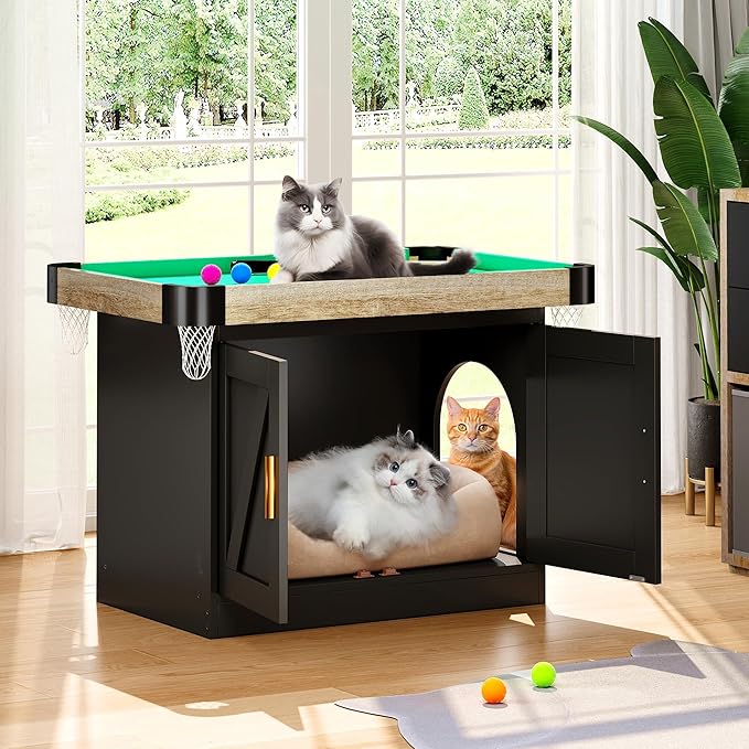 DWVO 4 in 1 Cat Toys Mini Pool Table for Cats, Litter Box Enclosure for Cat Pool Table Tower with Feather Wand Interactive Exercise Play Rest Beds & Litter Box Furniture, Black, Medium