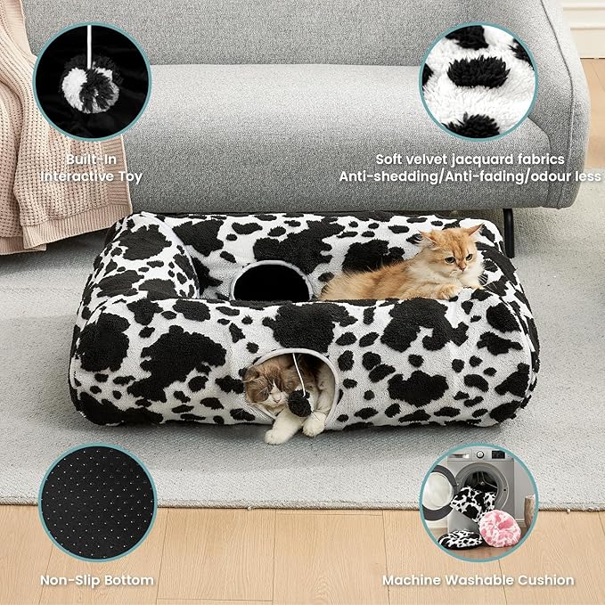Cat Tunnel Bed for Indoor Cats - Cute Cat Donut Tunnel with Washable Circle Cushion, Round Pet Play Tunnel Toy for Kitten/Puppy/Rabbit,Black