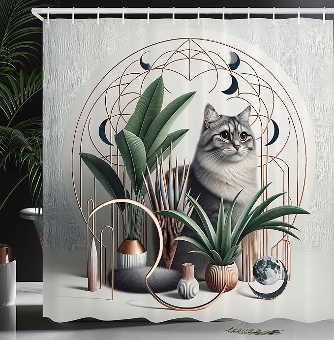 Ambesonne Cat Shower Curtain, Kitty in a Noble Pose with Boho Ornaments Home Plants and Mandala Crescent, Cloth Fabric Bathroom Decor Set with Hooks, 69" W x 84" L, Grey Green Pale Rust