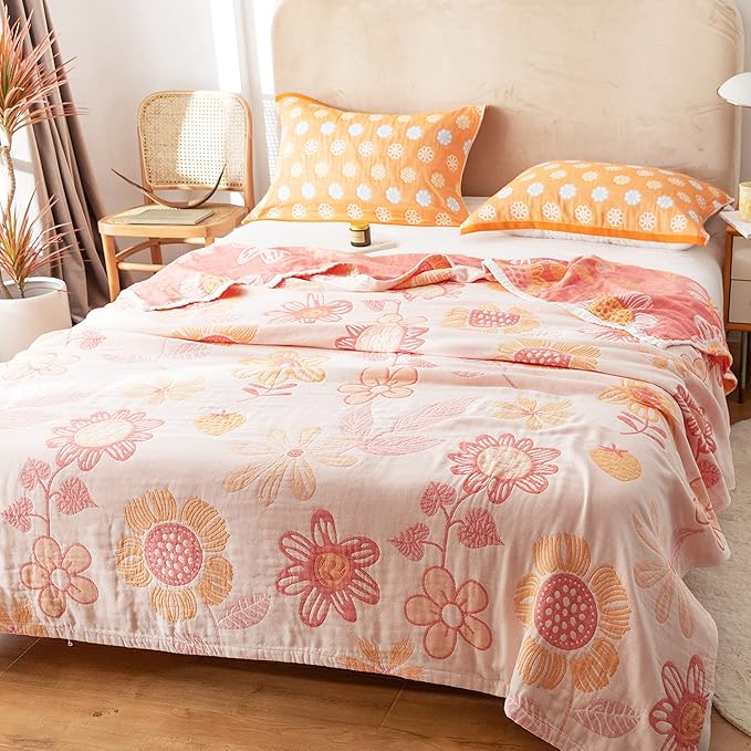 MEJU Floral Pink Cute All Season Muslin Blanket Throw for Bed Sofa Couch,100% Combed Cotton 4 Layer Soft Warm Quilt Throw Blanket Bed Coverlet Flower Twin 60" X 80"
