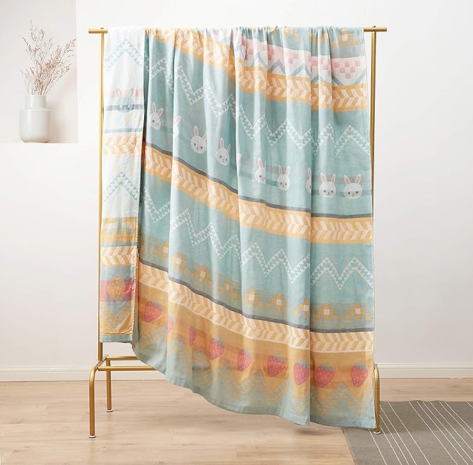 MEJU Boho Bunny Rabbit Green Muslin Lightweight Summer Strawberry Blanket Throw for Bed Sofa Couch 100& Cotton 2 Layer Soft Warm Quick Dry Throw Blanket Bedspread Bed Coverlet Sheet Twin 60 in X 80 in