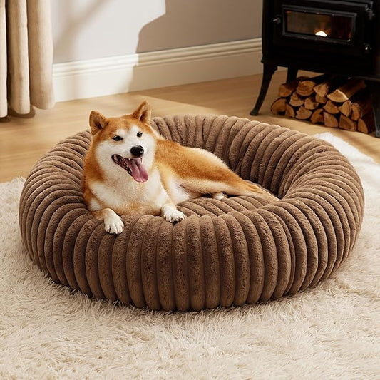Bedsure Donut Large Dog Bed - Washable Faux Fur Dog Beds Large Sized Dog with Corduroy Fleece & Anti Slip Bottom, Round Pet Beds with Removable Cover, Copper Brown, 36x36x10 inches