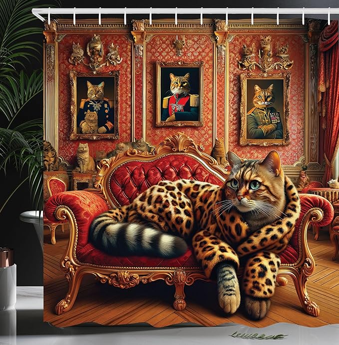 Ambesonne Cat Shower Curtain, Royal Kitty in Leopard Coat Laying on Lounge Sofa Whimsical Humorous Animal Art, Cloth Fabric Bathroom Decor Set with Hooks, 69" W x 84" L, Marigold Salmon