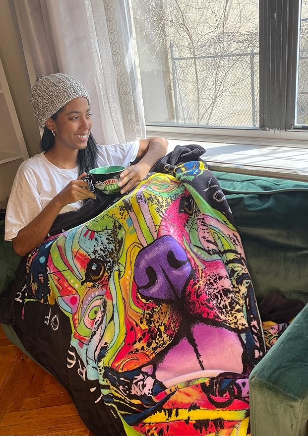 Dawhud Direct 50 x 60 Inch Pitbull Fleece Blanket Throw with Dean Russo Dog Art - Soft and Colorful Pitbull Blankets for Adults, Kids, Bed Couch Sofa Travel - Thoughtful Gift for Dog Lovers