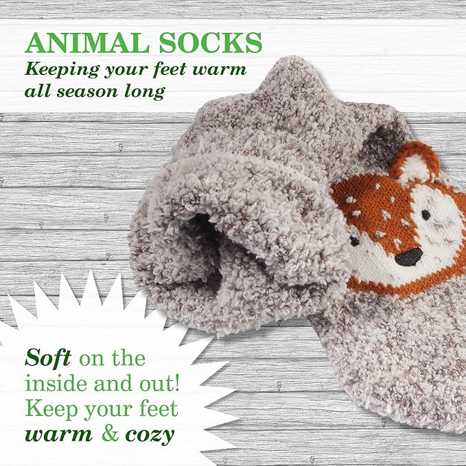 BambooMN Super Soft Warm Cute Furry Animal Non-Slip Fuzzy Cozy Fluffly Crew Winter Home Socks, Value Pack