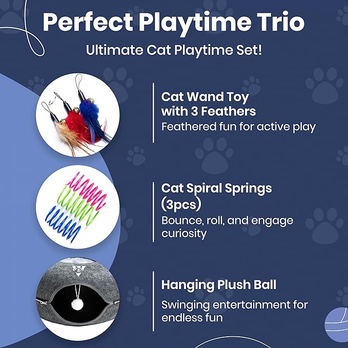 Premium Large Size 24 Inch Cat Tunnel Bed - With Upgraded Metal Zipper - Detachable Round Design - Washable - and Scratch Resistant - Includes 3 Toys and Removable Cushion