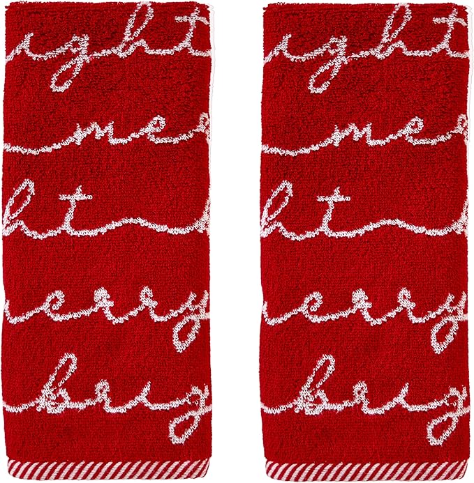 SKL Home Christmas/Winter Merry & Bright Hand Towel 2pc Set for Bath/Kitchen/Bar & Gift, Red