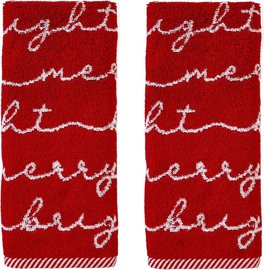 SKL Home Christmas/Winter Merry & Bright Hand Towel 2pc Set for Bath/Kitchen/Bar & Gift, Red