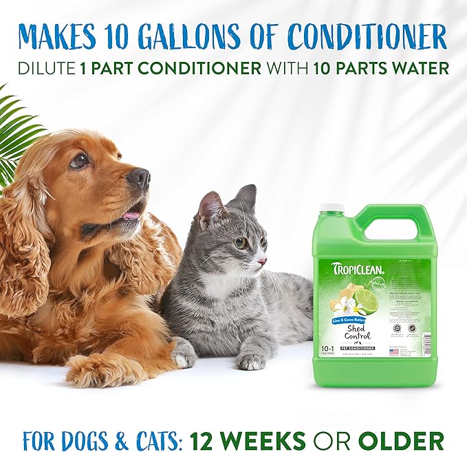 TropiClean Deshedding Cat & Dog Conditioner, Puppy & Kitten Safe, Reduces & Softens Coat, Lime & Coconut Scent, Made in The USA, 1 Gallon