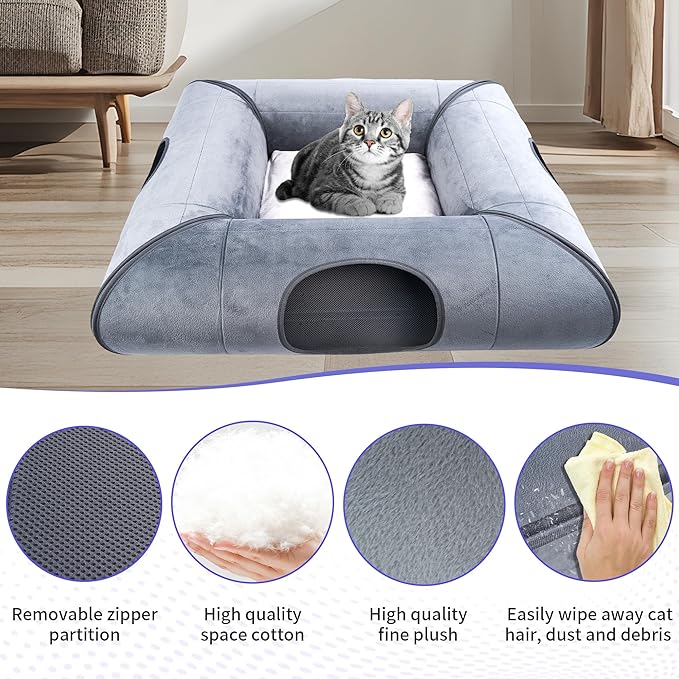 Cat Tunnel Bed, Sturdy and Scratch-Resistant, Indoor Cat Cave with Removable Soft Cushion, Removable Cat Tunnel for Cats and Multiple Cats (Gray)