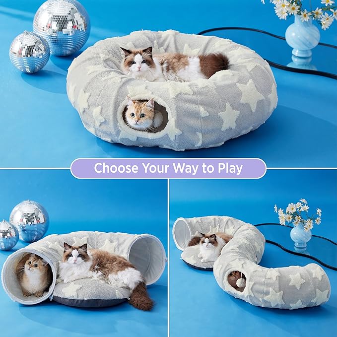 Lesure Cat Tunnel Bed for Indoor Cats - Cute Cat Donut Tunnel with Washable Circle Cushion, Round Pet Play Tunnel Toy for Kitten/Puppy/Rabbit, Grey