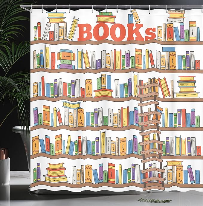 Ambesonne Modern Shower Curtain, Library Bookshelf a Ladder Campus Life Caricature Illustration, Cloth Fabric Bathroom Decor Set with Hooks, 69" W x 70" L, White Coral Multicolor