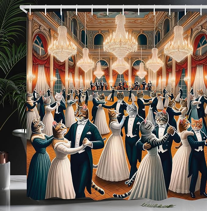 Ambesonne Cat Shower Curtain, Classic Ballroom with Waltz Dancing Kitty Couples in Formal Clothes Print, Cloth Fabric Bathroom Decor Set with Hooks, 69" W x 84" L, Petrol Blue and Orange