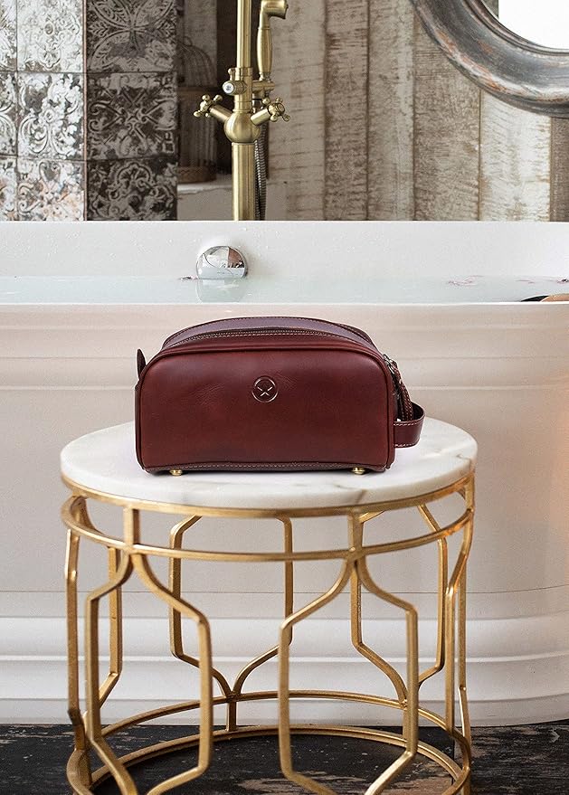 10" Leather Toiletry Travel Pouch With Waterproof Lining | King-Size Handcrafted Vintage Dopp - Kit ~ Gift for Father's Day By Aaron Leather Goods