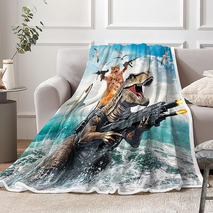 Funny Kids Fleece Throw Blanket for Couch, Sofa, Cool Cat Riding Cute Dinosaur Fighting on Ocean Hilarious Children Bed Travel Camping Blankets, Anime Throws Blankets for Cats Lovers