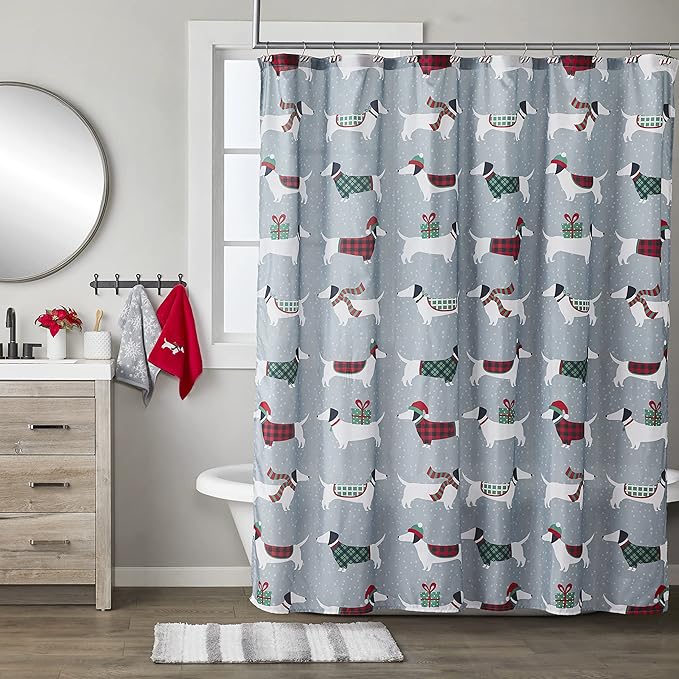 SKL Home Christmas/Winter Snow Many Dachshunds Hand Towel 2pc Set for Bath/Kitchen/Bar & Gift, Red/Gray