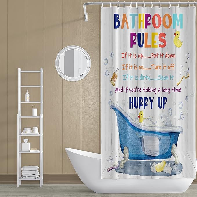 Bathroom Rules Kids Shower Curtain 72x72 Inches - Girls Boys Teen Funny Motivational Quotes Shower Curtains,Wooden Board Duck Bubble in Bathtub Fabric Bathroom Home Decor