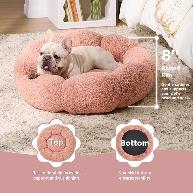 Lesure Calming Medium Dog Bed - Flower Donut Round Fluffy Puppy Bed in Plush Teddy Sherpa, Non-Slip Cute Flower Cat Beds for Indoor Cats, Medium Pet Bed Fits up to 45 lbs, Machine Washable, Pink 30"