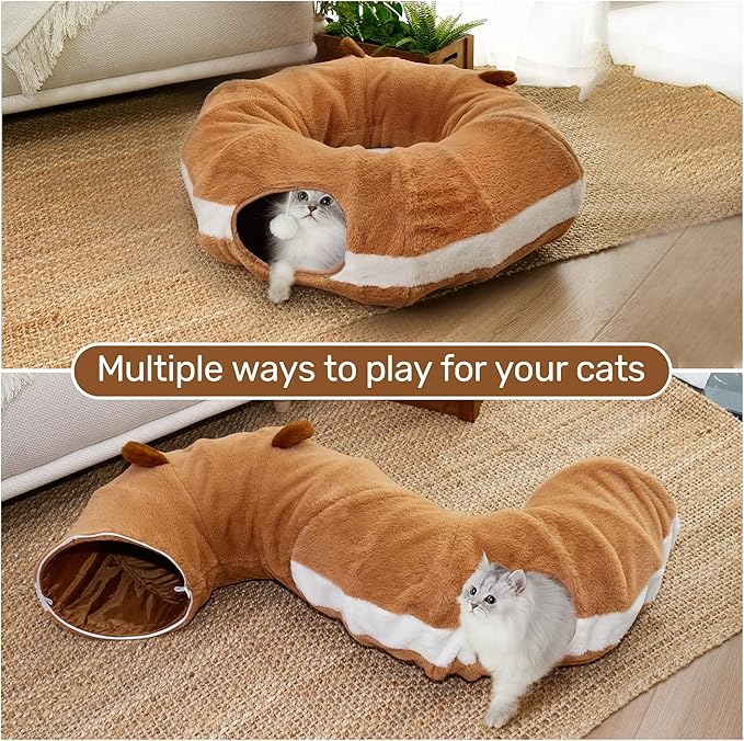 FUKUMARU Cat Tunnel Bed for Indoor Cats, Bagel Donuts Cat Tunnel Toys with Crinkle Paper Ears, Round Pet Play Tunnel Toy for Kitten and Rabbit, Cat Hideway Interactive Toys, Collapsible&Washable