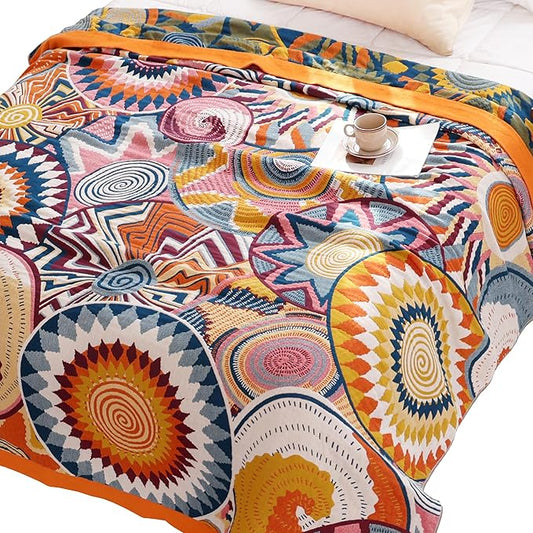 MEJU Geometry Colourful Sunshine Bright Sun & Star, Fire & Light Modern Muslin All Season Blanket for Bed Sofa Couch,100% Cotton 4 Layer Reversible Throw Blanket Bed Coverlet F/Q 80 in x 90 in