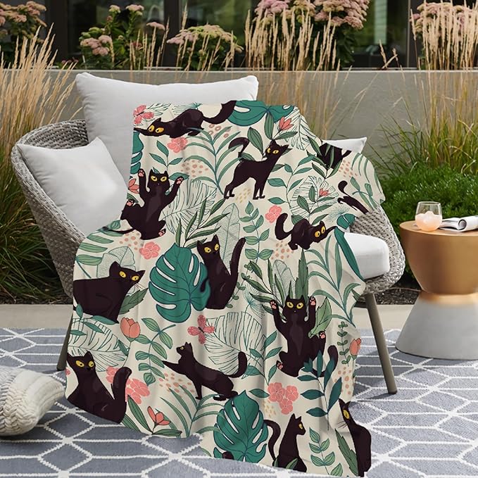 Floral Cat Throw Blanket Super Soft Cozy Black Cat Blanket for Kid Adult Women Men Best Hallowen for Cat Mom Cat Lovers Cute Pet Cats Blanket for Couch Bed Sofa Dorm Home Decor(60"X50")