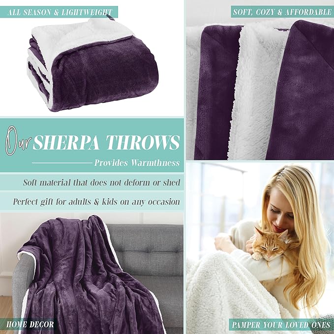 Elegant Comfort Reversible and Ultra-Plush Flannel Fleece Sherpa Throw- Lightweight Soft and Cozy- All Season Decorative Throw, Perfect for Lounging, 50 x 60 inches, Purple
