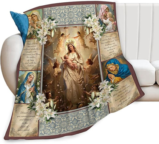 Virgin Mary Blanket for Woman Retro Christian Throw Blanket Religious Virgin Mary Decor Stuff Merch Cozy Flannel Fleece Fuzzy Warm Soft Plush Lightweight Bedding Virgin Mary Gifts for Girls 50"X40"
