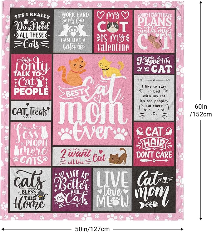 Cat Mom Blanket 60"x50", Cat Lover/Lady Gifts for Women, Cat Mom Gifts for Women, Cats Gifts for Cat Lovers, Best Cats Mom Ever Gift, Soft Throw Blanket for Christmas, Mothers Day