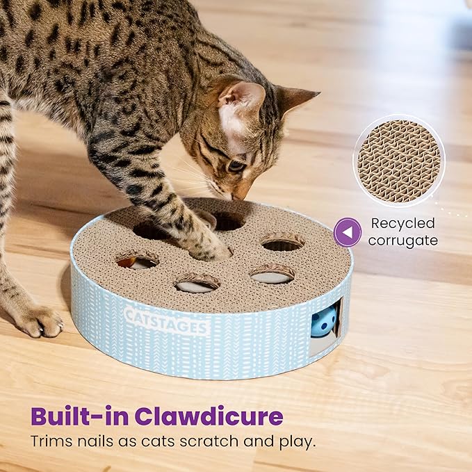 Catstages Scratch N' Hunt Puzzle Cat Toy, Cat Puzzle with Corrugated Scratcher Surface and Three Balls Inside, Blue