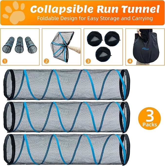 Cat Play Tunnel-3 Packs for Indoor and Outdoor,Cat Tunnel Outdoor,Cat Outdoor Enclosure, Cat Enclosures Easy to Connect with Two Zipper Doors,Product Size 59'' x 18'',3pcs /Set,Blue Trim