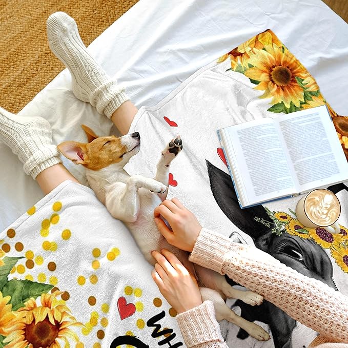Cow Blanket Sunflower Cow Soft Cozy Flannel Throw Blanket Just a Girl Who Loves Cow Blankets Gifts for Women Kids Adults Teen 50"X 40"
