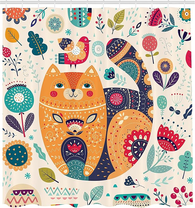 Ambesonne Paisley Shower Curtain, Little Smiling Cheek Animal Cat Various Oriental Leaf Flower Art, Cloth Fabric Bathroom Decor Set with Hooks, 69" W x 70" L, Eggshell Multicolor