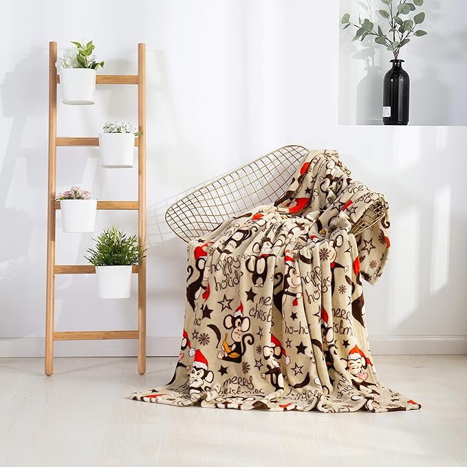 Elegant Comfort Velvet Touch Ultra Plush Christmas Holiday Printed Fleece Throw/Blanket-50 x 60inch, (Monkey)