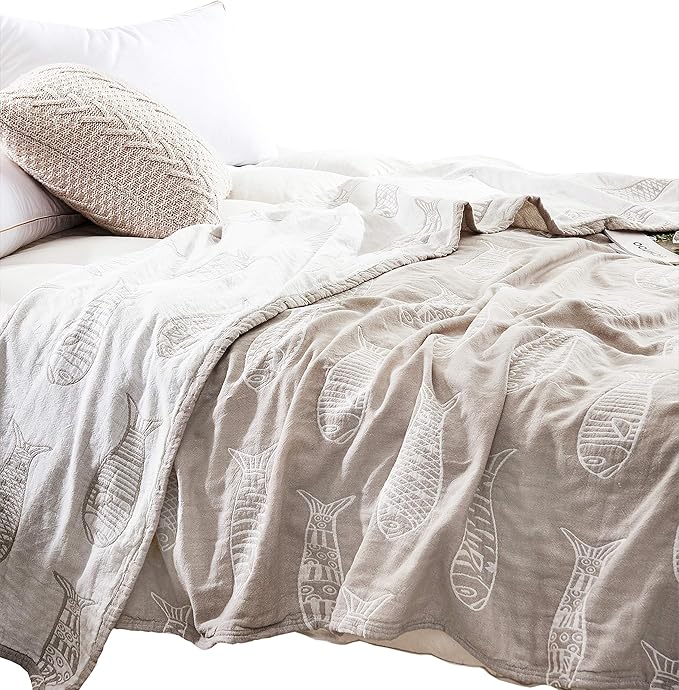 MEJU Fish Gray Muslin Lightweight Summer Blanket for Bed Sofa Couch 100% Combed Cotton 3 Layer Soft Warm Quick Dry Throw Blanket Bedspread Bed Coverlet Sheet Full Queen 80 in X 90 in
