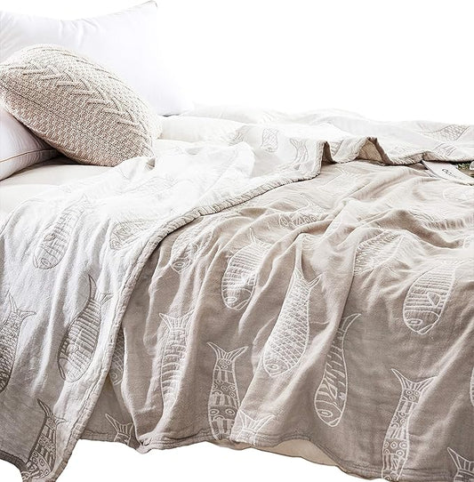 MEJU Fish Gray Morden Muslin Lightweight Summer Blanket for Bed Sofa Couch 100% Combed Cotton 3 Layer Soft Warm Bedspread Throw Blanket Bed Coverlet Sheet Twin 60 in X 80 in