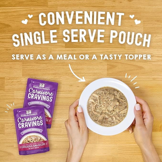 Stella & Chewy's Carnivore Cravings Savory Shreds Wet Cat Food Pouches – Grain Free, Protein Rich Meal, Topper or Treat – Chicken & Tuna Recipe (2.8 Ounce Pouches, Case of 12)