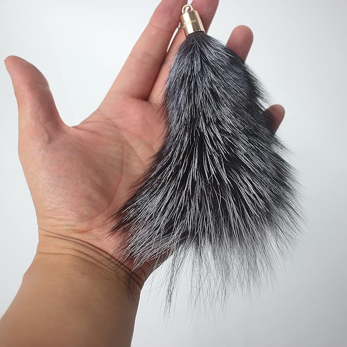 Fosrion Real Raccoon Tail Fur Cat Bites Toy with Three Section Retractable Carbon Fiber Rod (Raccoon) (3 Fox Fur Piece, Only Tail)